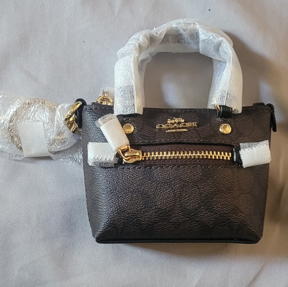 Authentic Coach Mini Gallery Tote Signature Canvas Bag Charm Purse Key Fob